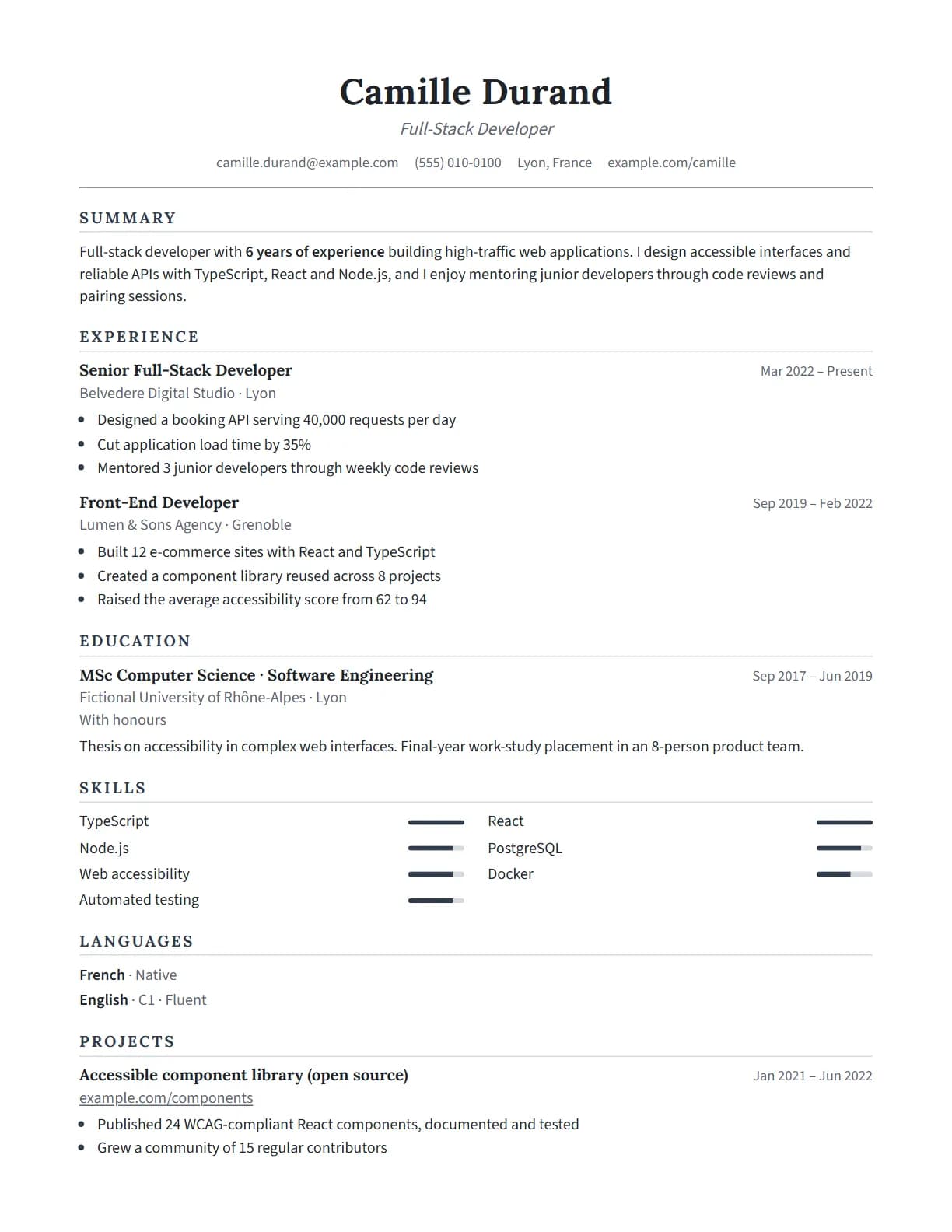 Classic resume template preview, rendered with a demo resume