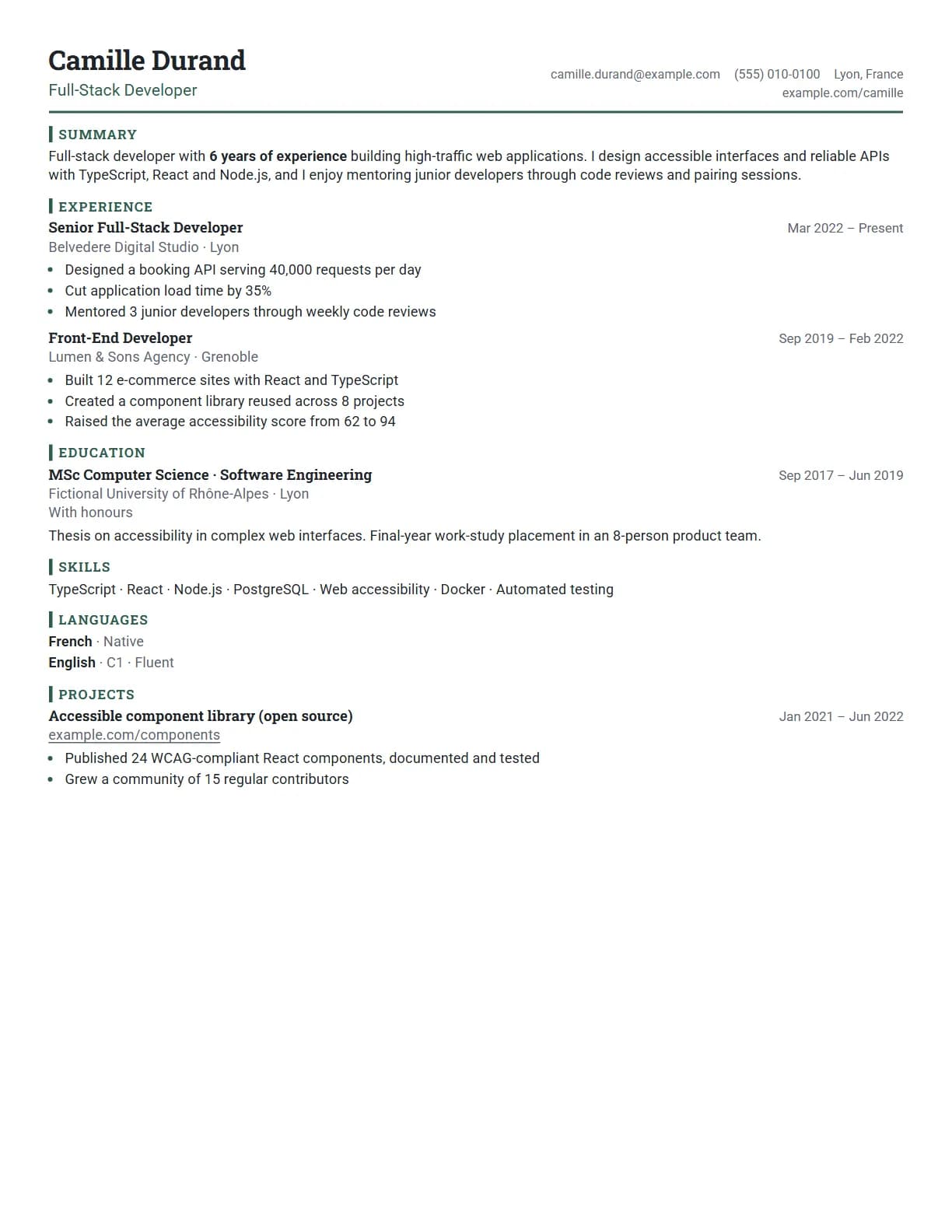 Compact resume template preview, rendered with a demo resume