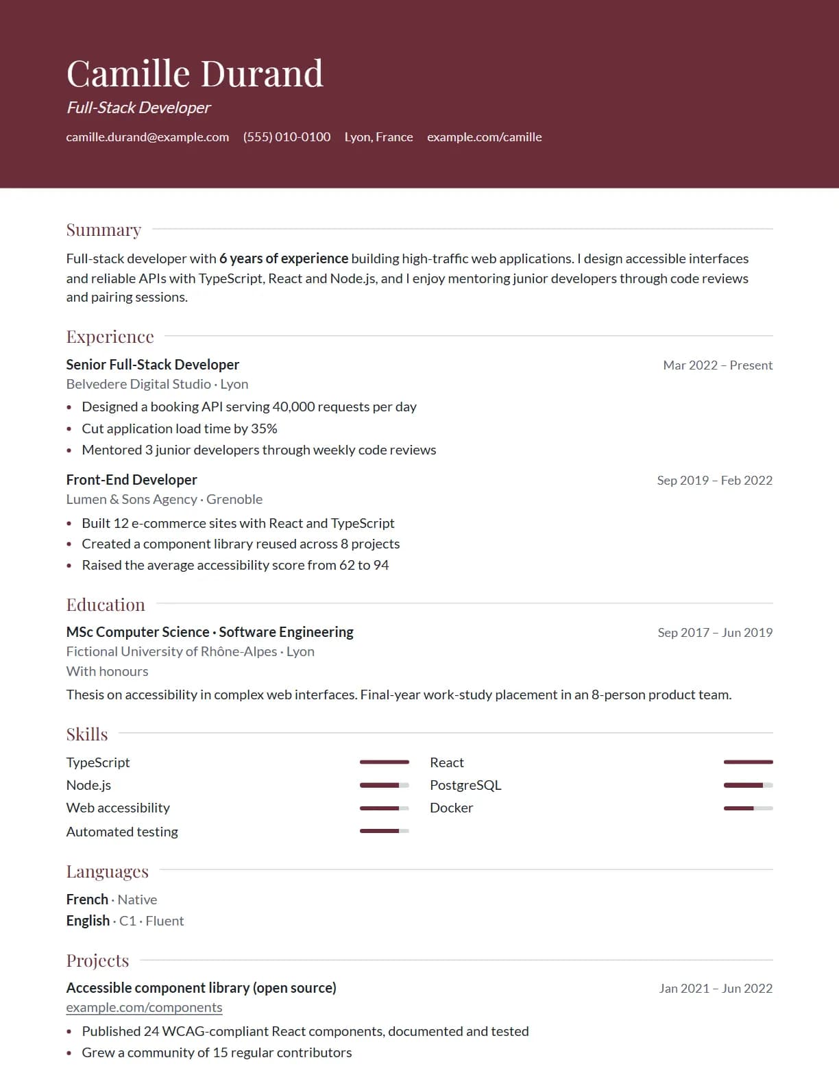 Elegant resume template preview, rendered with a demo resume