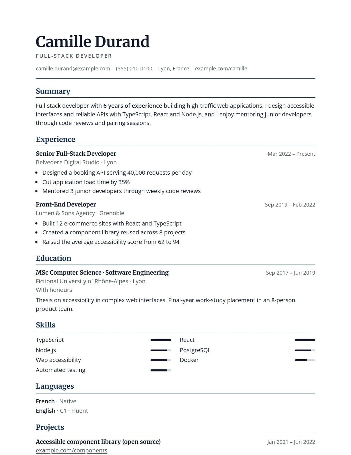 Executive resume template preview, rendered with a demo resume
