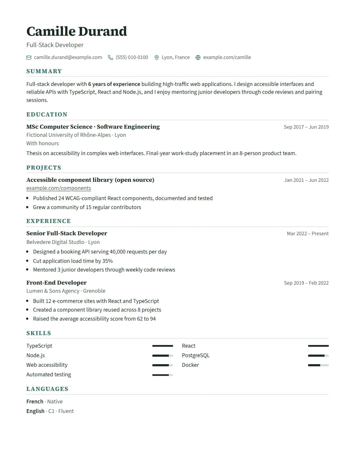Outset resume template preview, rendered with a demo resume
