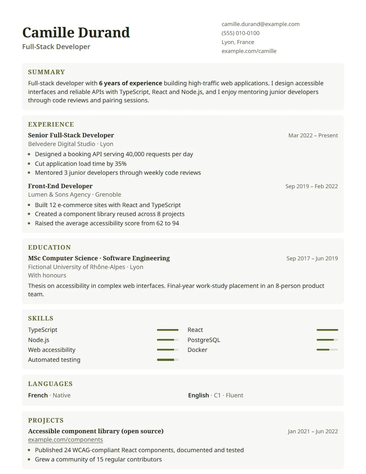 Cards resume template preview, rendered with a demo resume