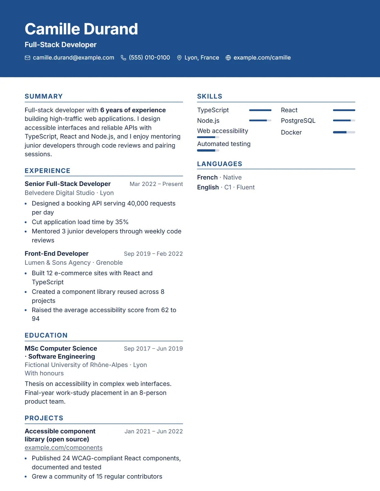 Topbar resume template preview, rendered with a demo resume