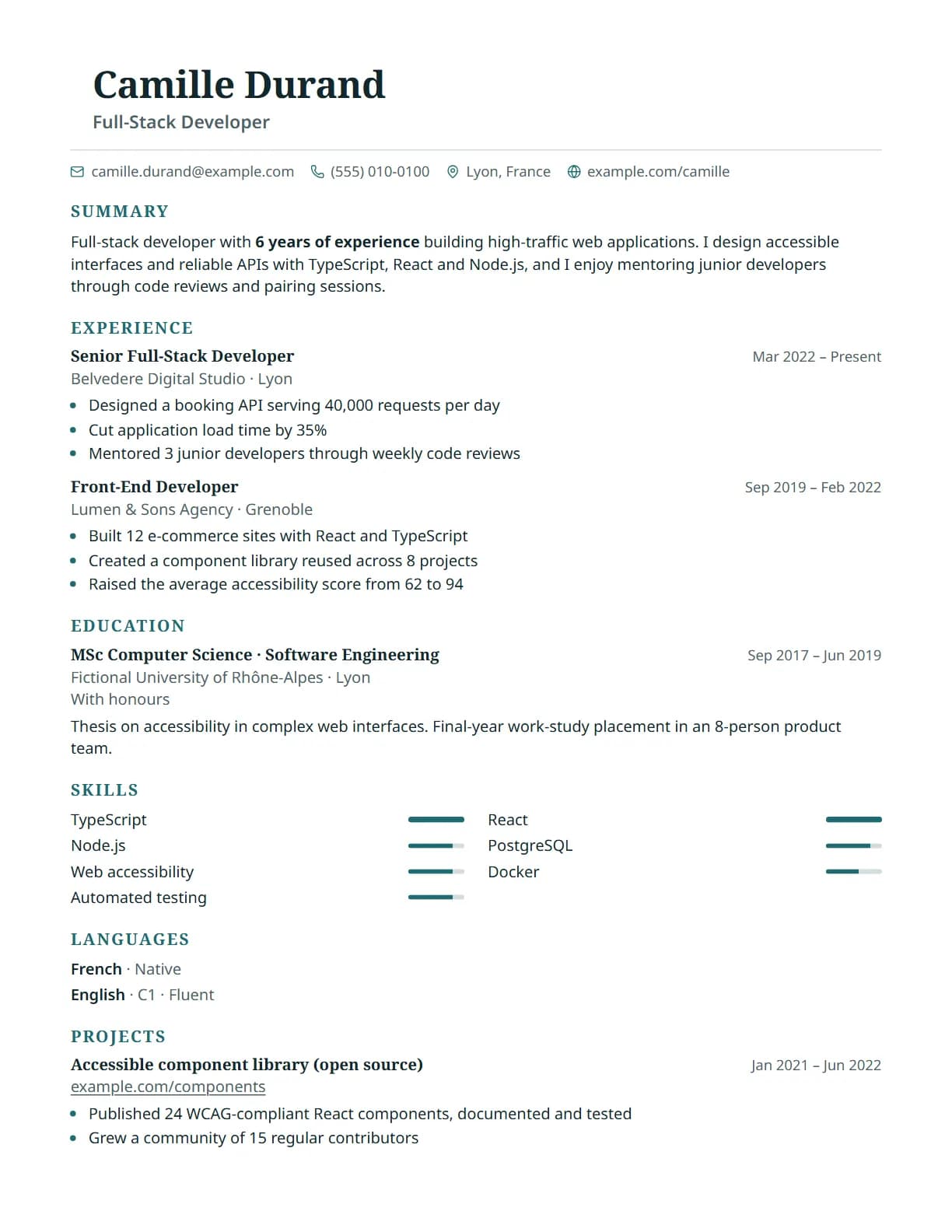 Portrait resume template preview, rendered with a demo resume