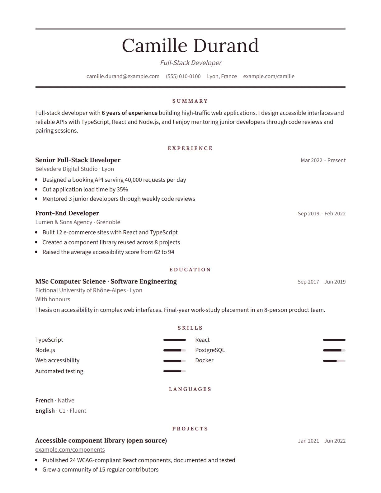 Editorial resume template preview, rendered with a demo resume