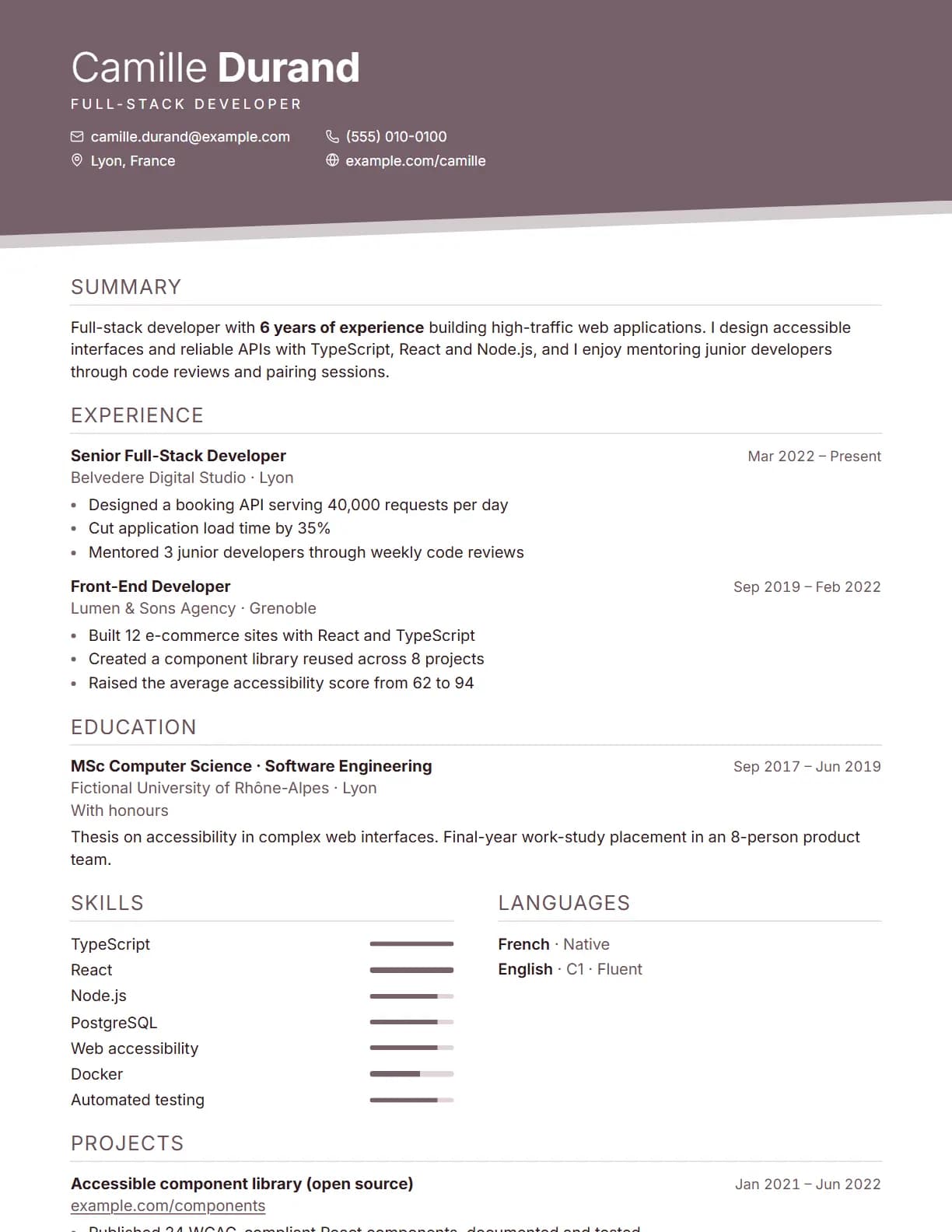 Slant resume template preview, rendered with a demo resume
