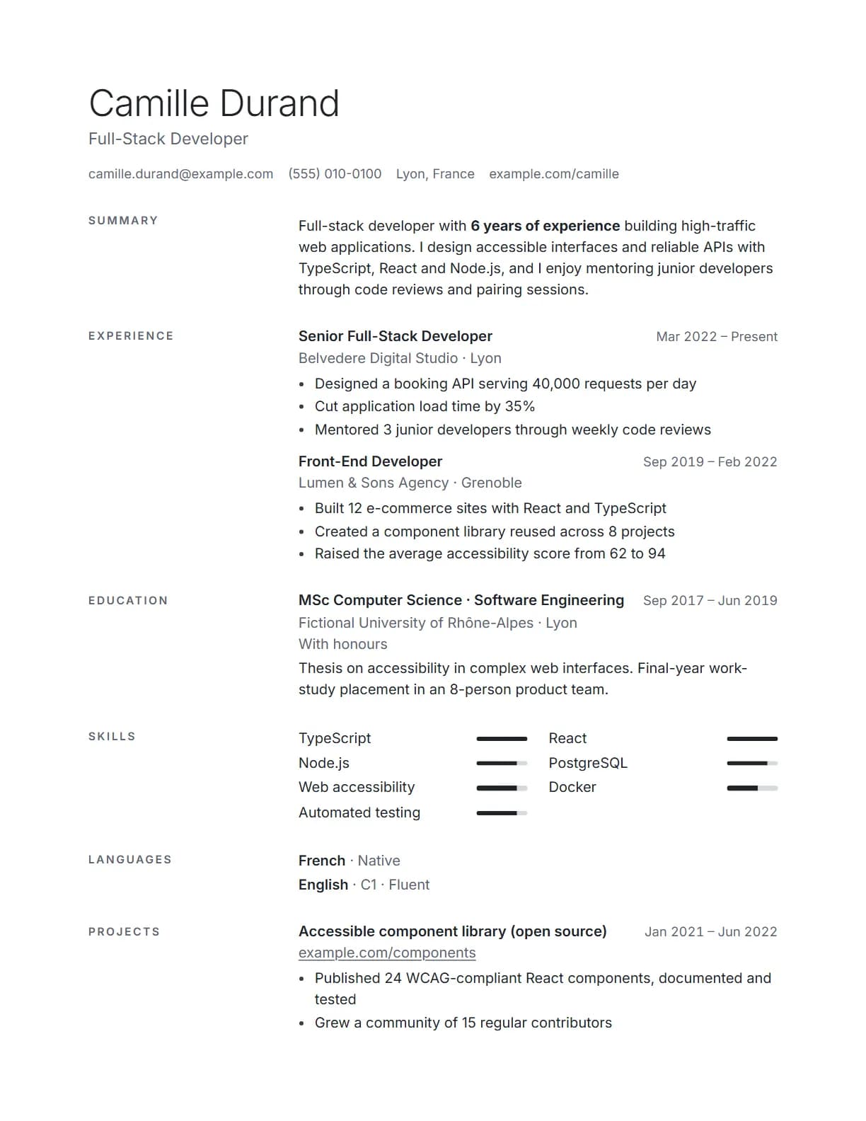 Minimal resume template preview, rendered with a demo resume
