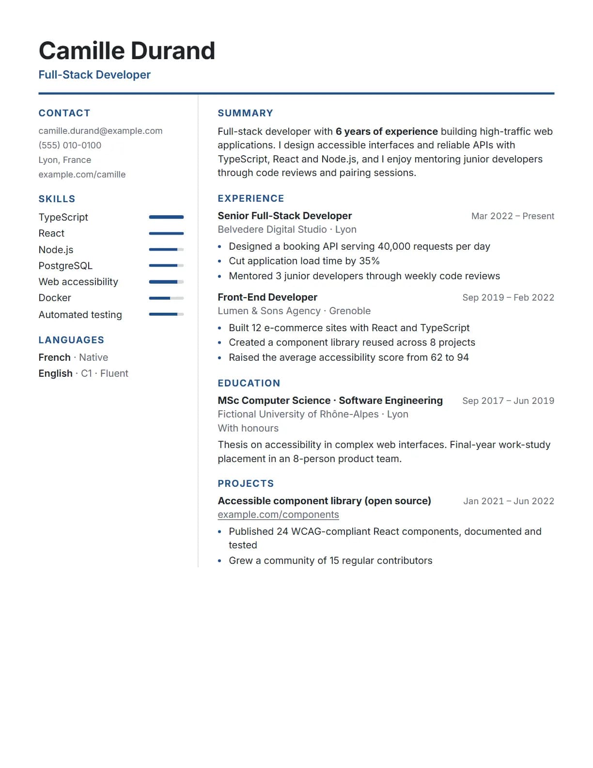 Modern resume template preview, rendered with a demo resume