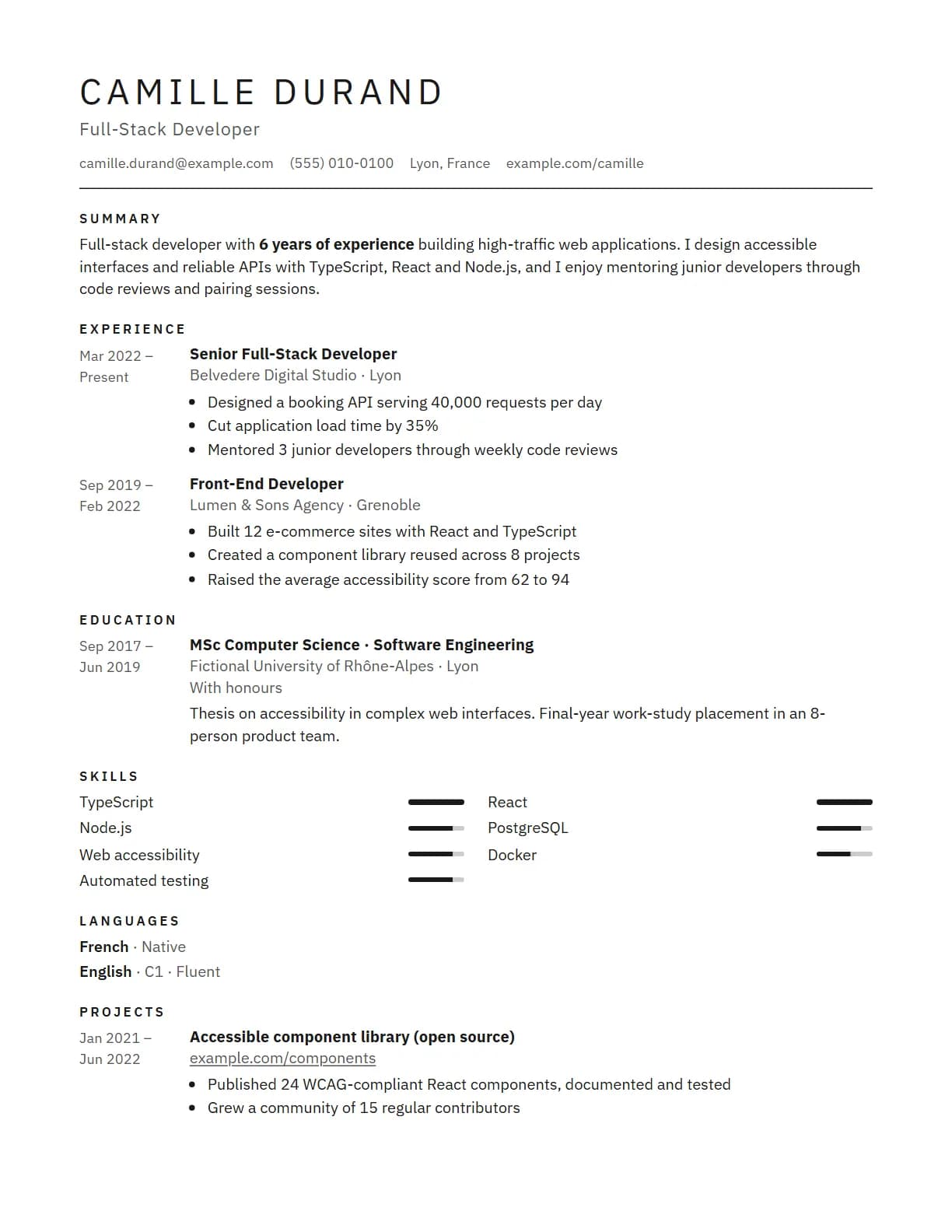 Monochrome resume template preview, rendered with a demo resume
