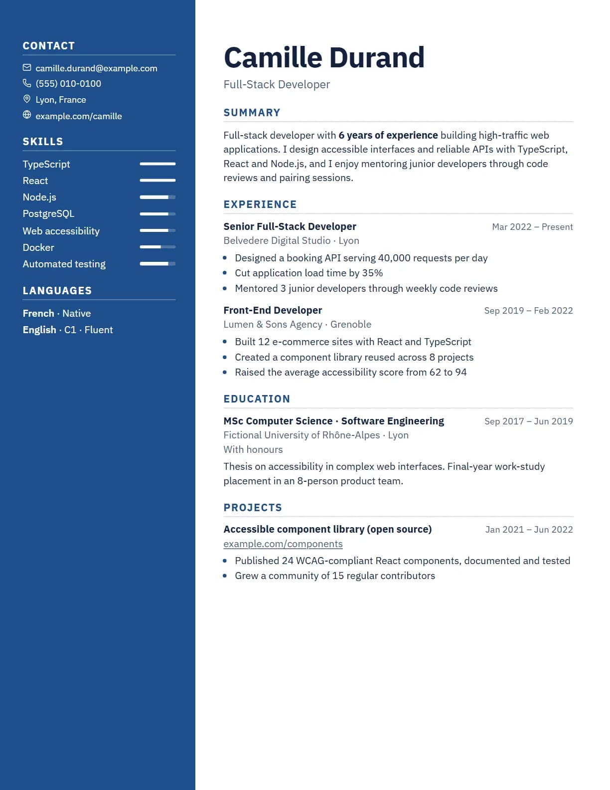 Banner resume template preview, rendered with a demo resume