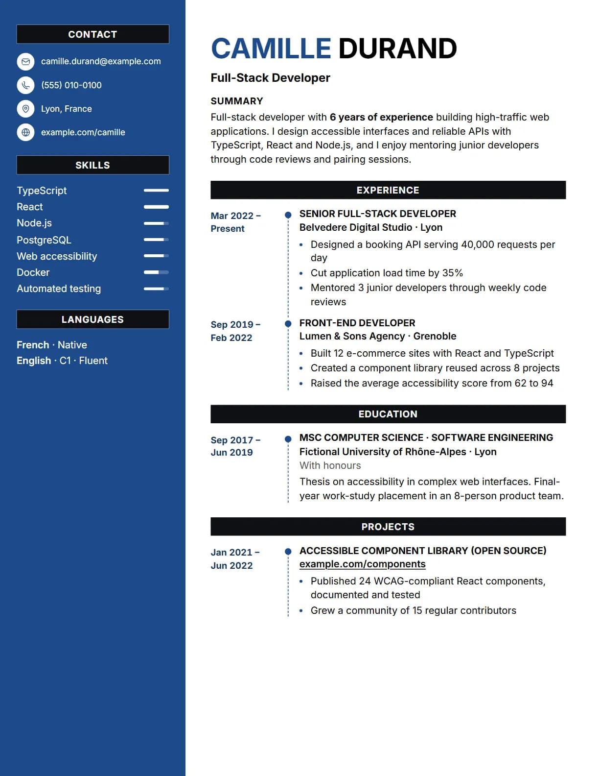 Blue bars resume template preview, rendered with a demo resume