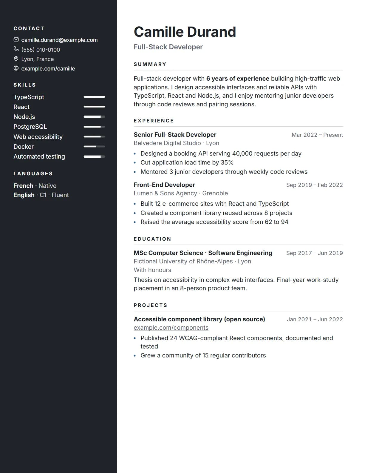 Slate resume template preview, rendered with a demo resume