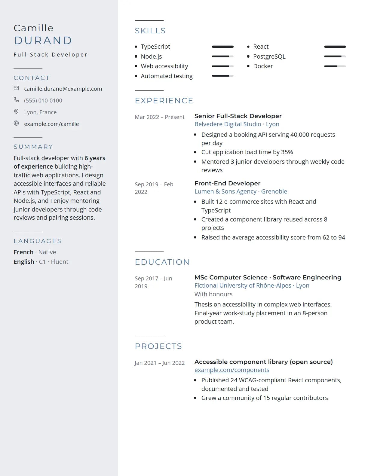 Soft grey resume template preview, rendered with a demo resume