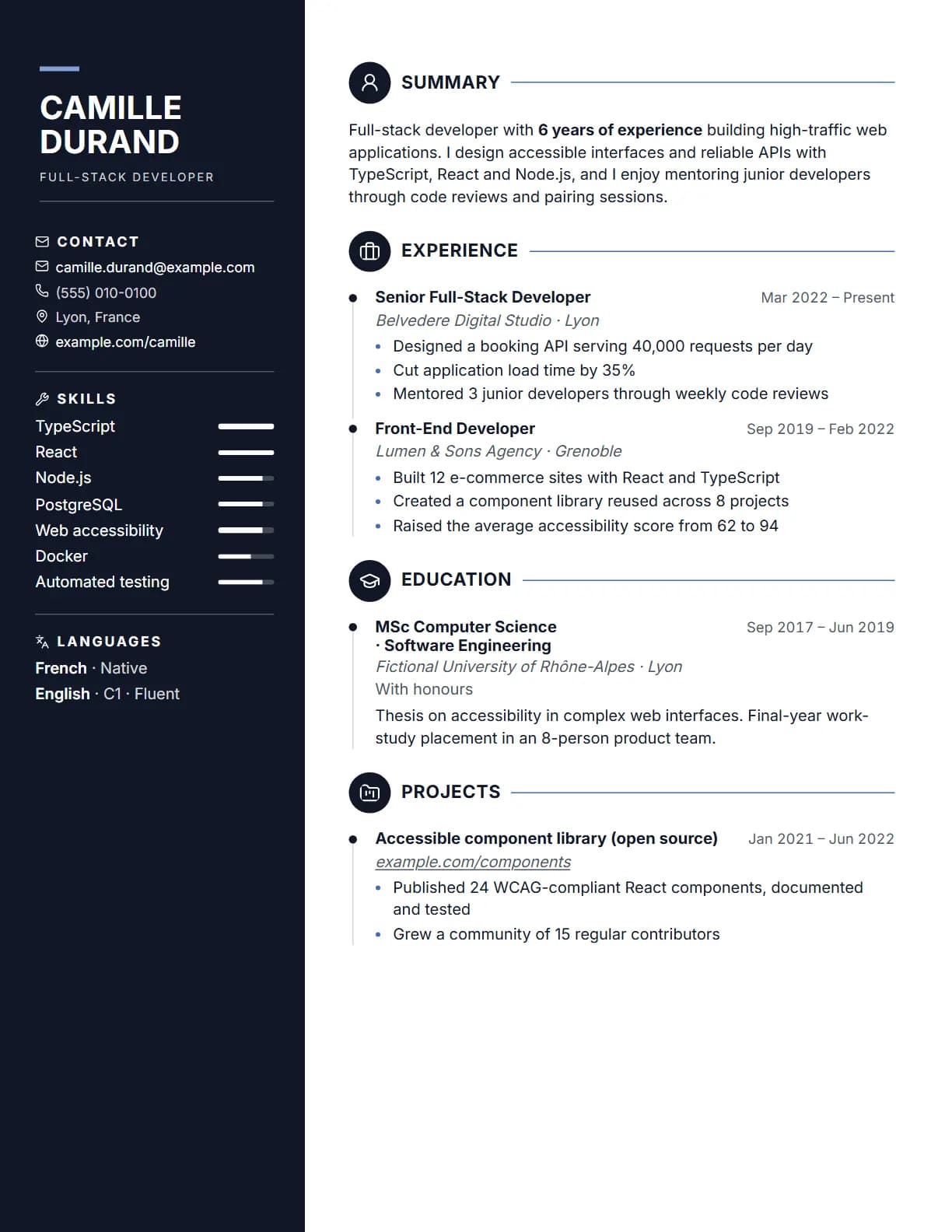 Midnight resume template preview, rendered with a demo resume