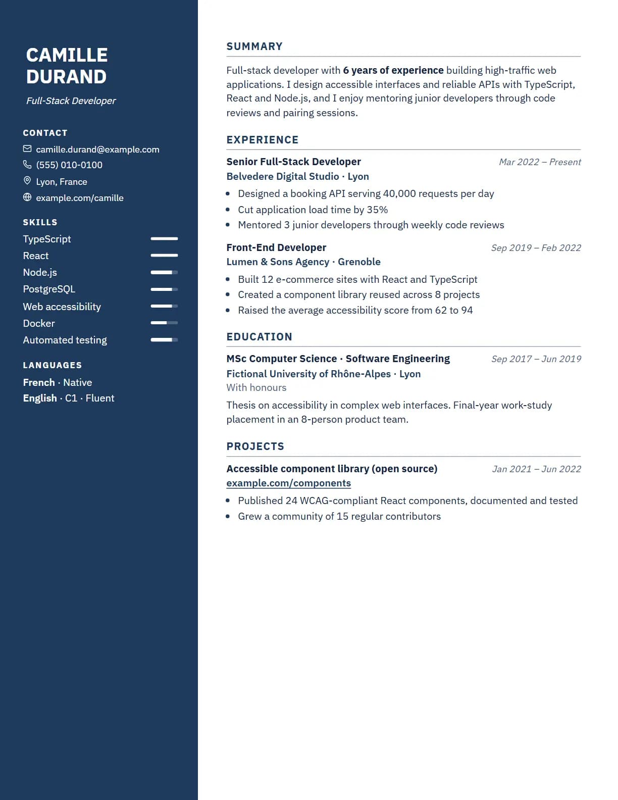 Navy portrait resume template preview, rendered with a demo resume