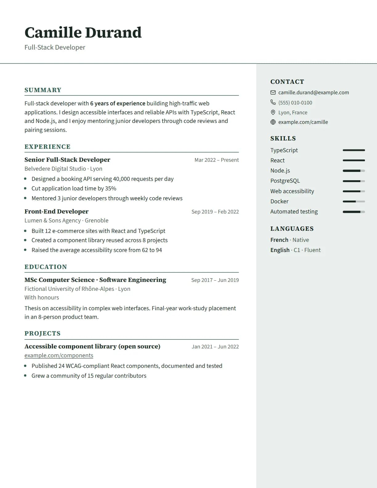 Offset resume template preview, rendered with a demo resume