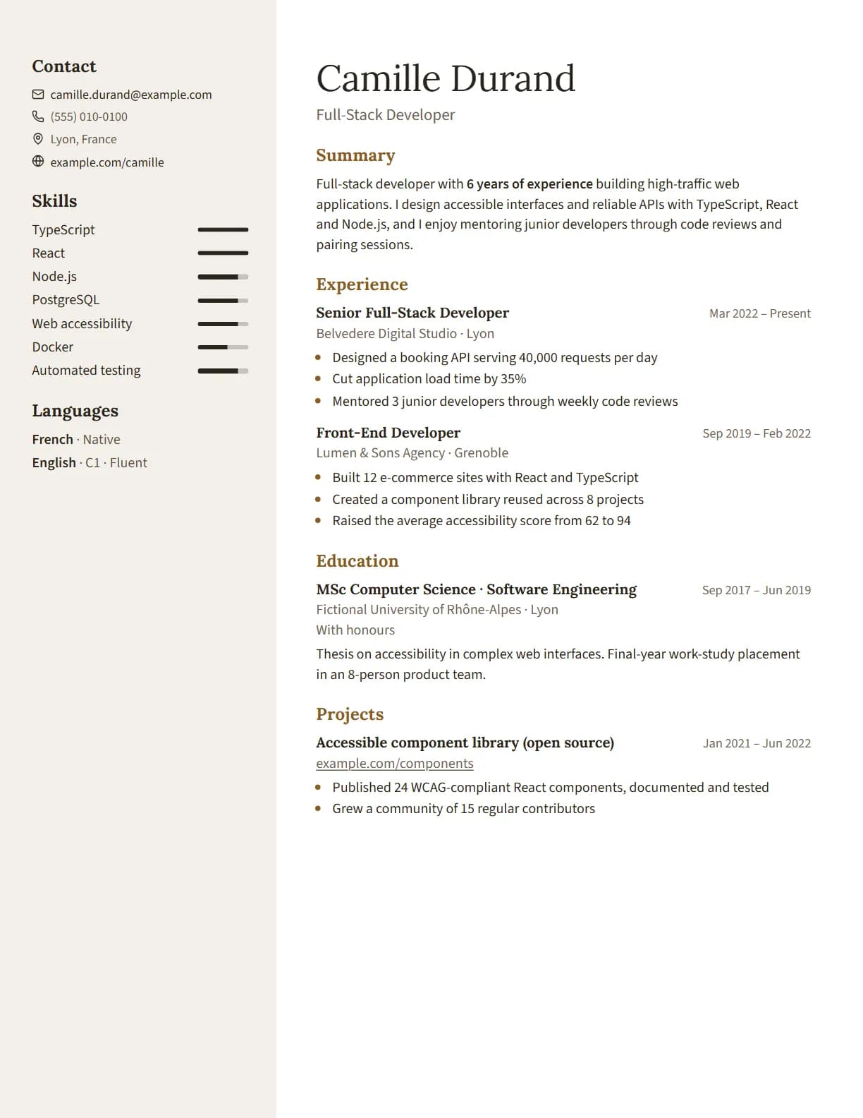 Soft resume template preview, rendered with a demo resume