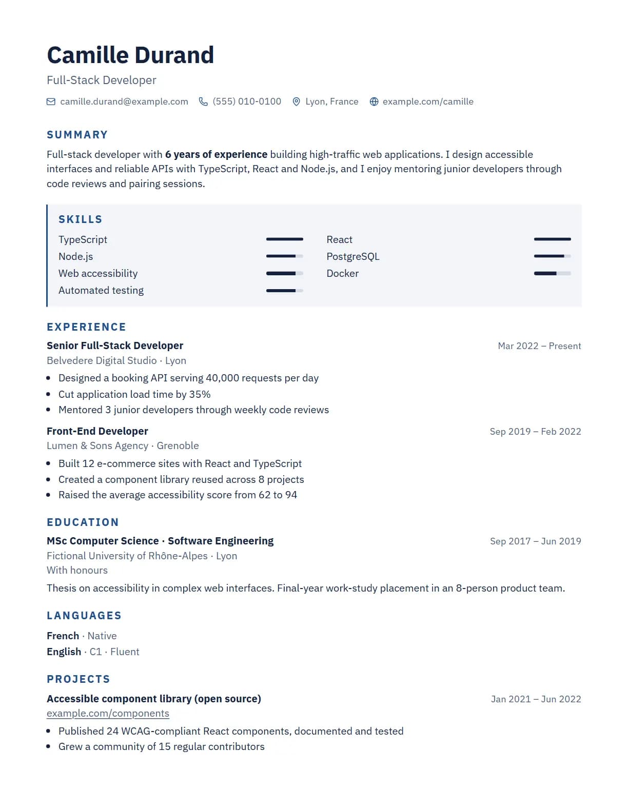 Pivot resume template preview, rendered with a demo resume