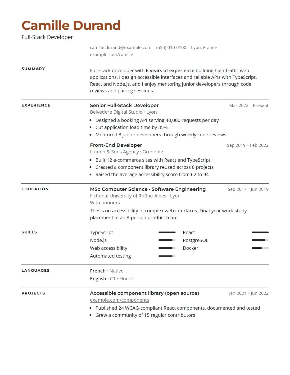 Swiss resume template preview, rendered with a demo resume