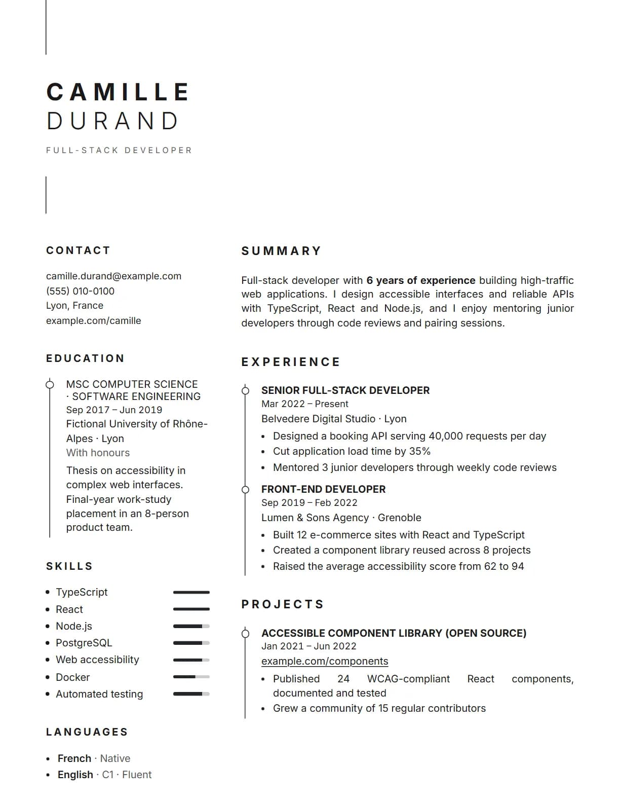 Airy thread resume template preview, rendered with a demo resume