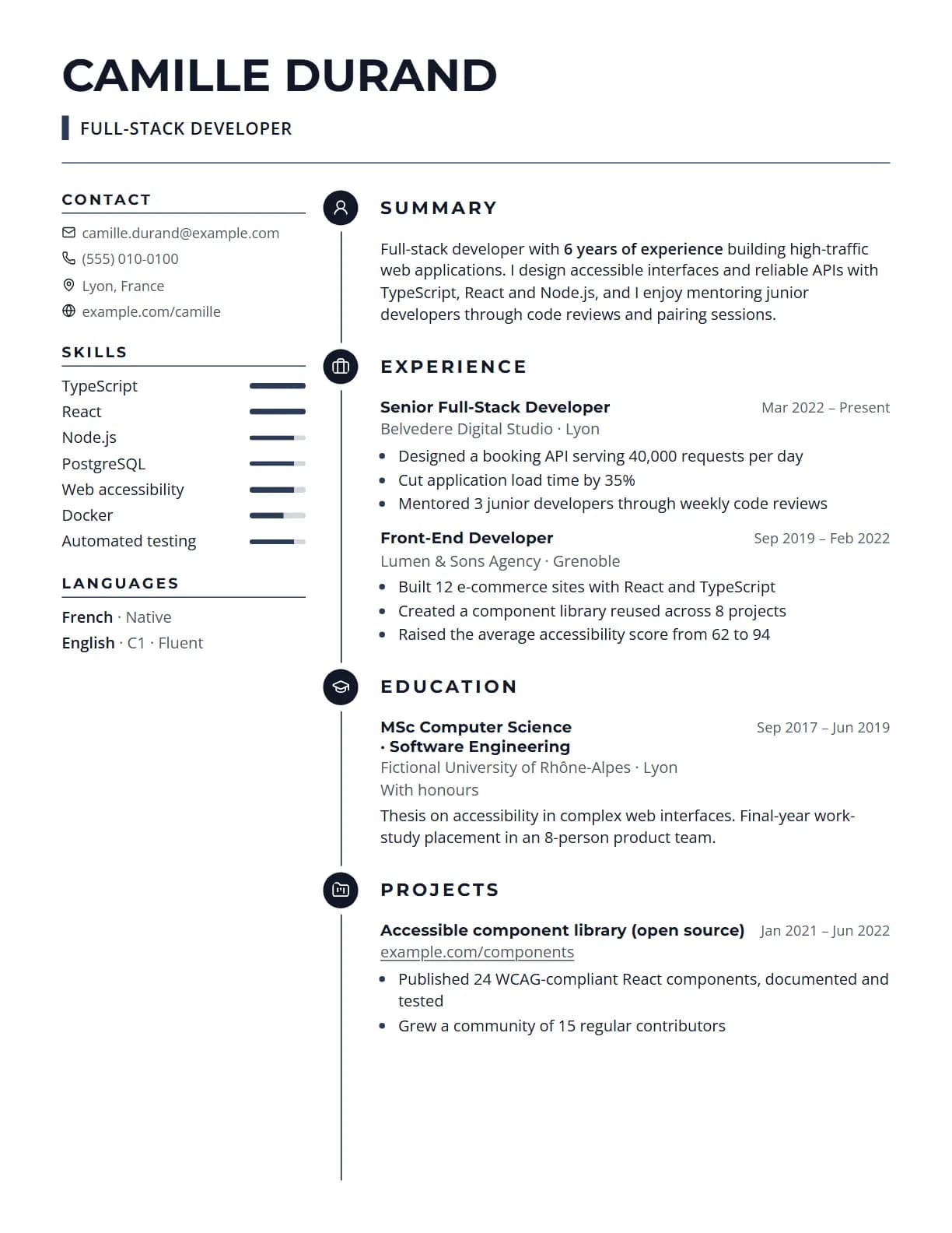 Lifeline resume template preview, rendered with a demo resume