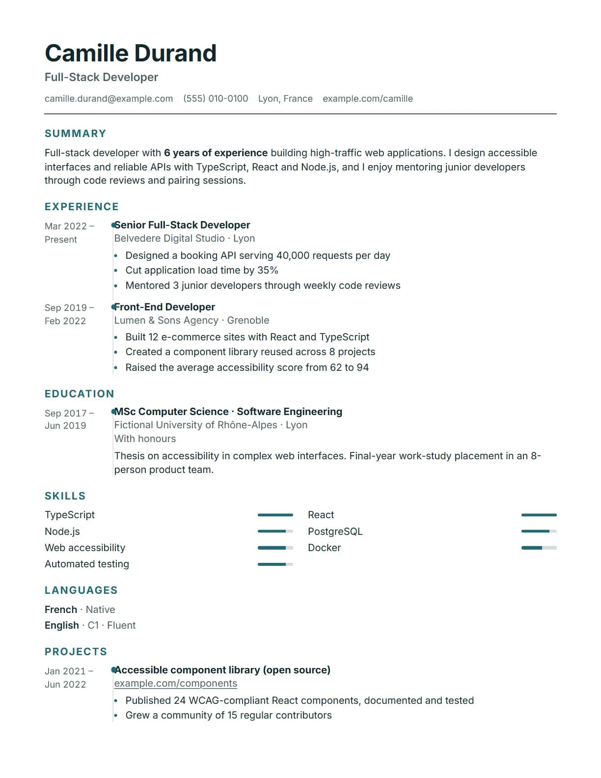 Timeline resume template preview, rendered with a demo resume