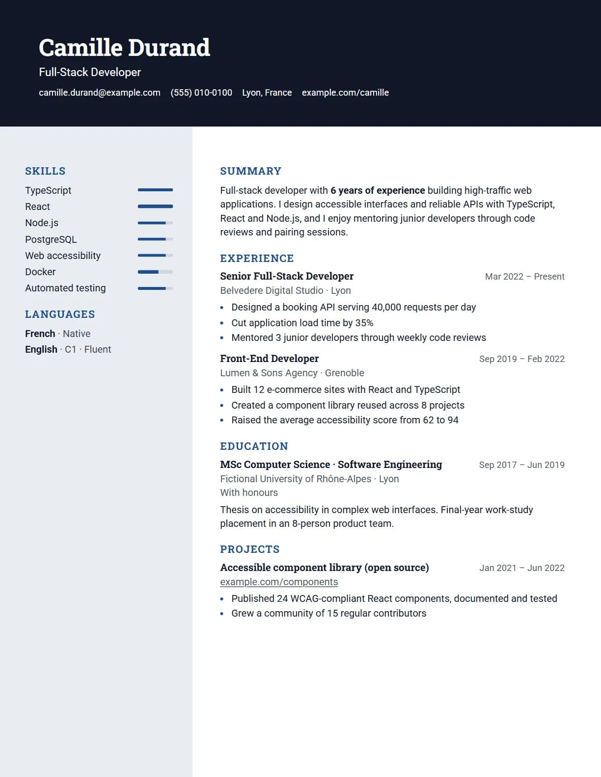 Two-tone resume template preview, rendered with a demo resume