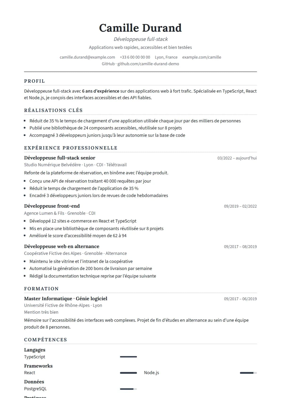 Aperçu du modèle de CV Classique, rendu avec un CV de démonstration