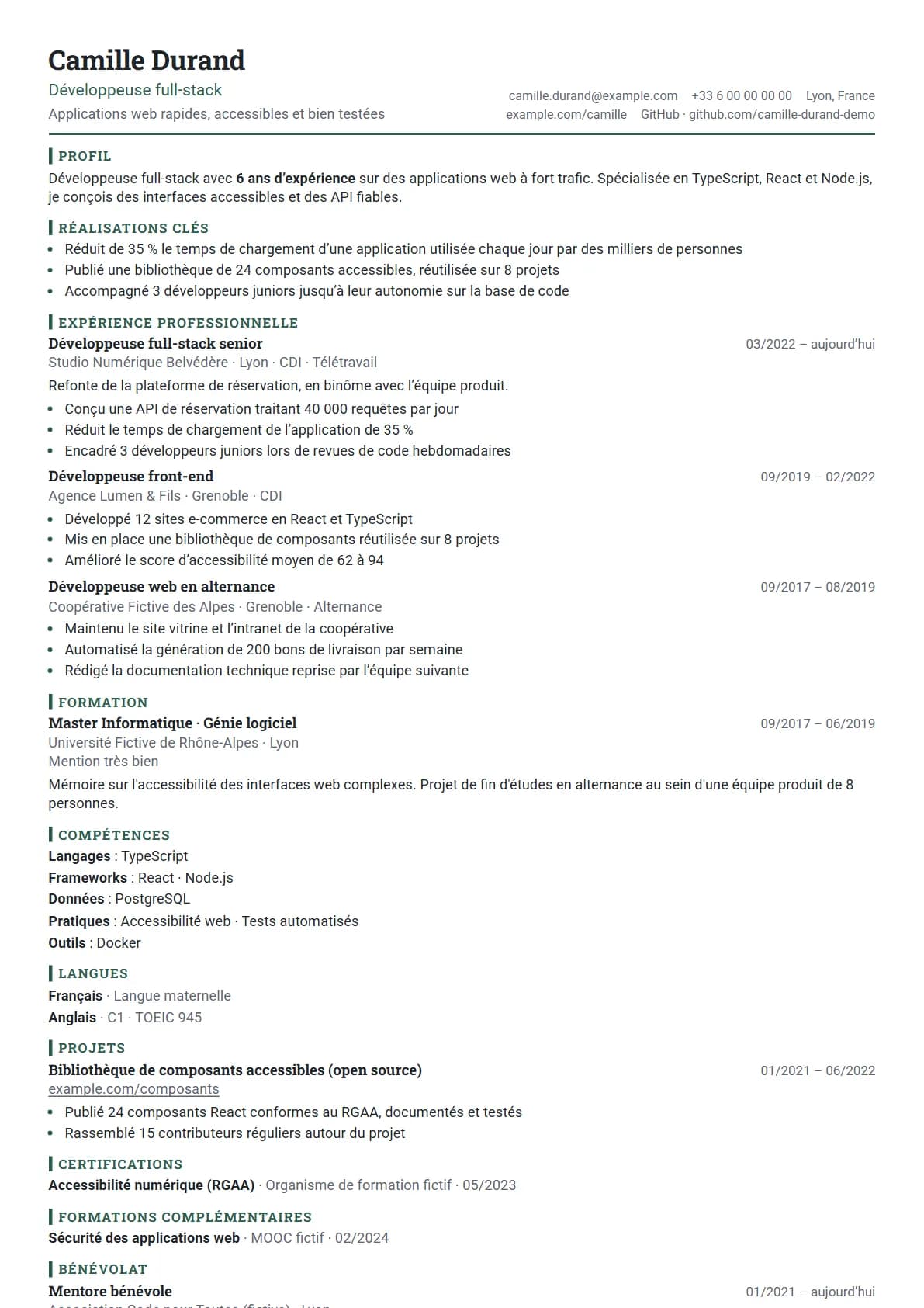 Aperçu du modèle de CV Compact, rendu avec un CV de démonstration