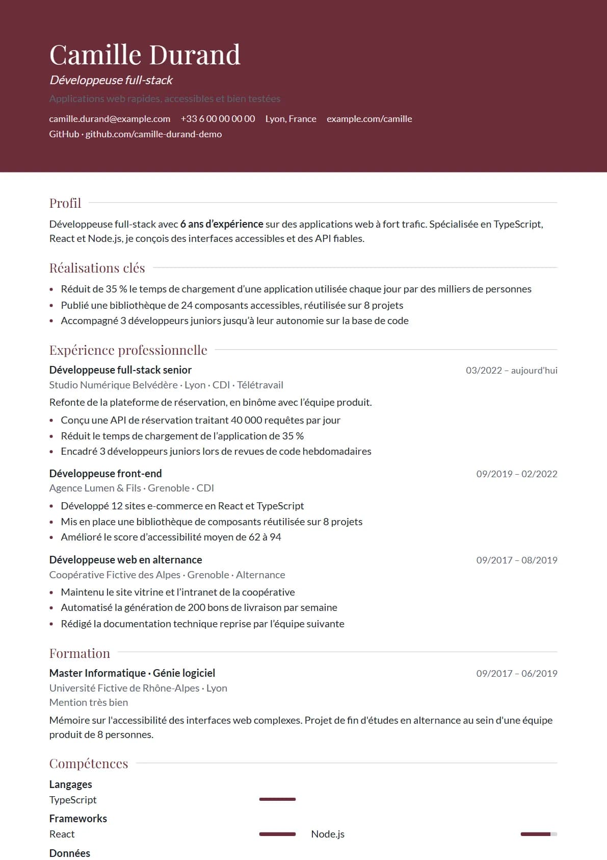 Aperçu du modèle de CV Élégant, rendu avec un CV de démonstration