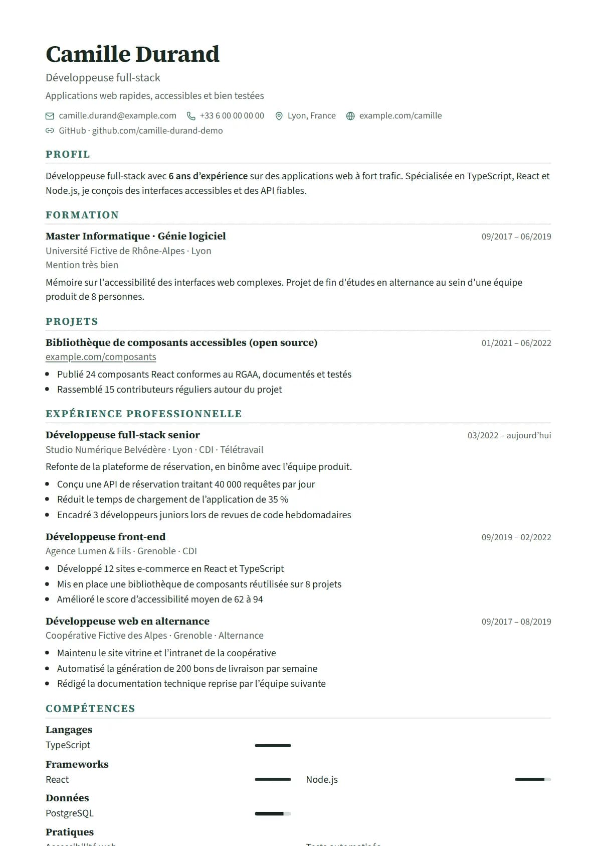 Aperçu du modèle de CV Départ, rendu avec un CV de démonstration
