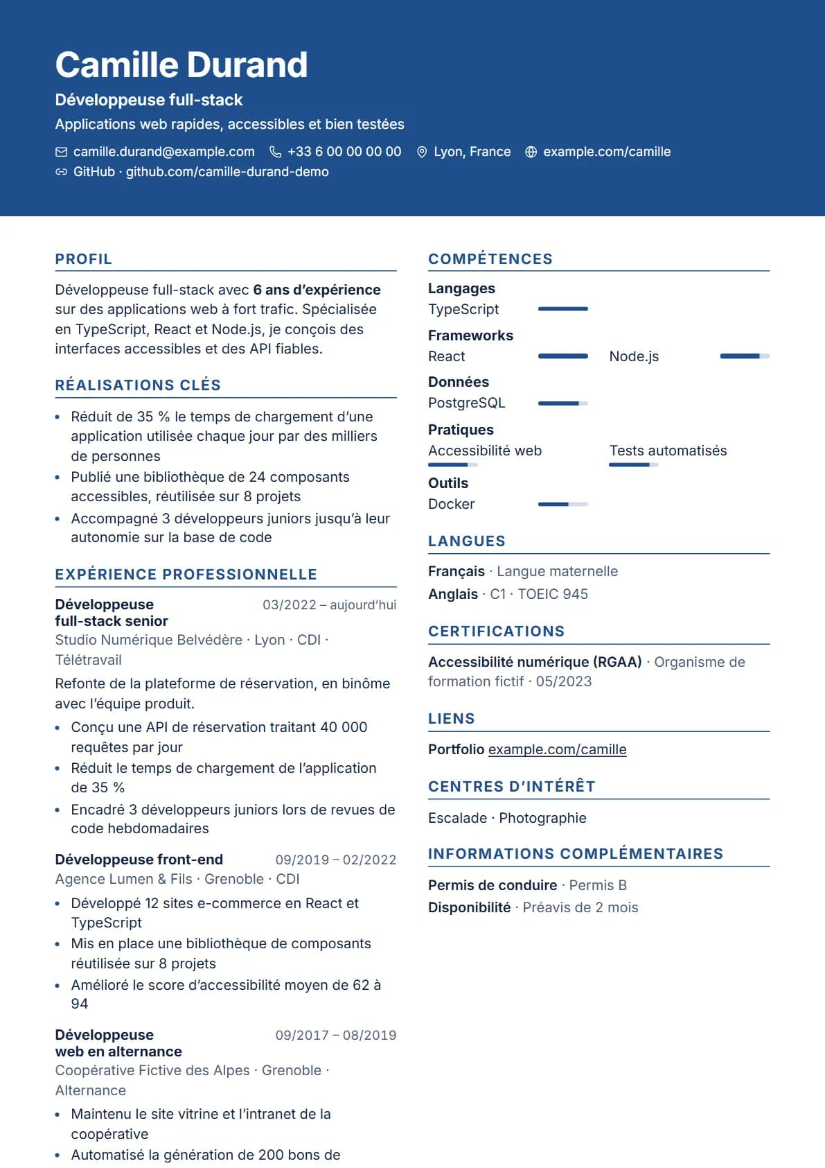 Aperçu du modèle de CV Bandeau haut, rendu avec un CV de démonstration