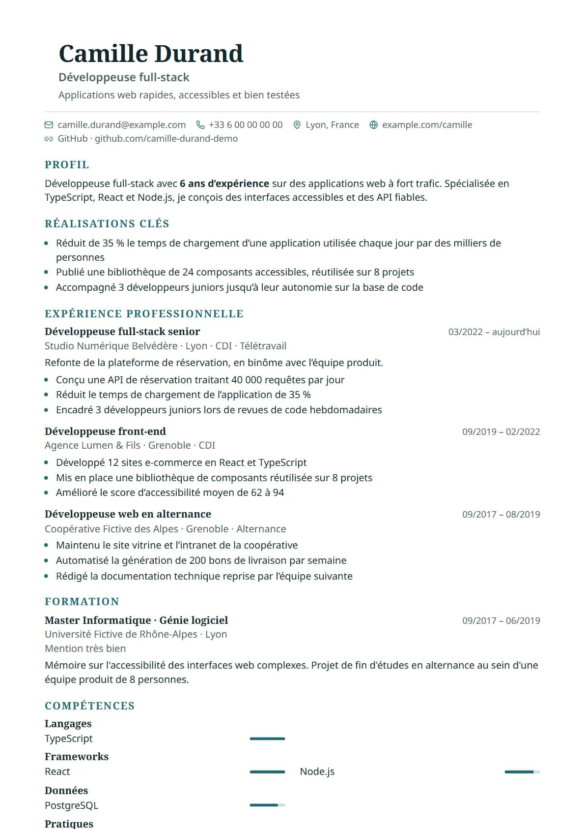 Aperçu du modèle de CV Portrait, rendu avec un CV de démonstration