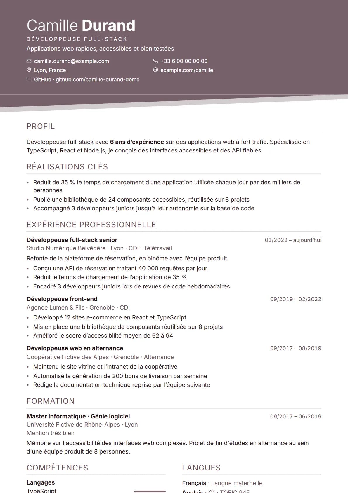 Aperçu du modèle de CV Biseau, rendu avec un CV de démonstration