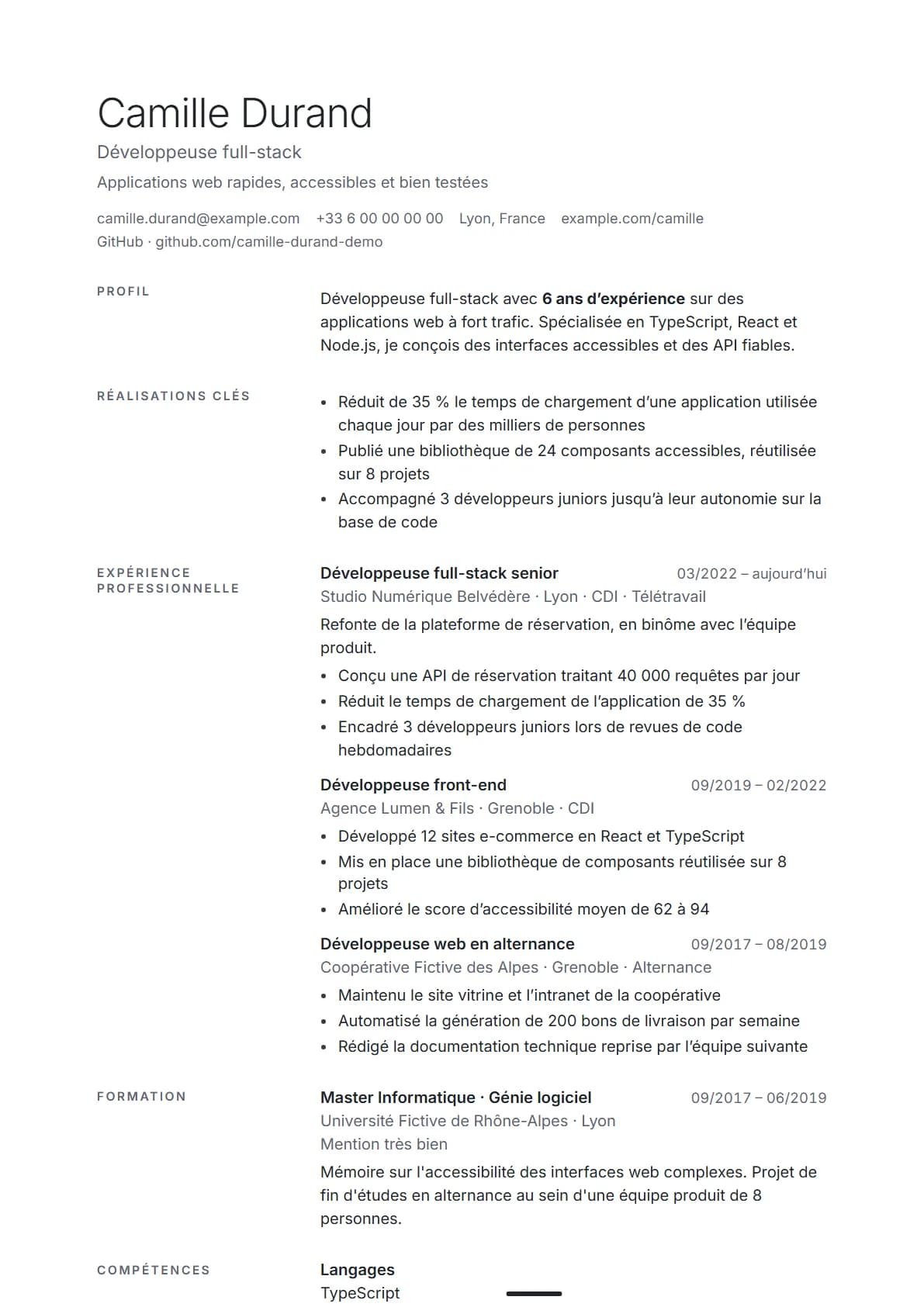 Aperçu du modèle de CV Minimal, rendu avec un CV de démonstration