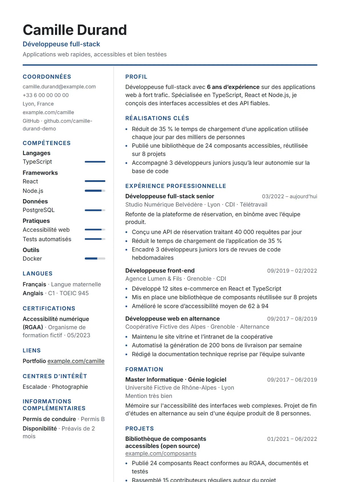 Aperçu du modèle de CV Moderne, rendu avec un CV de démonstration