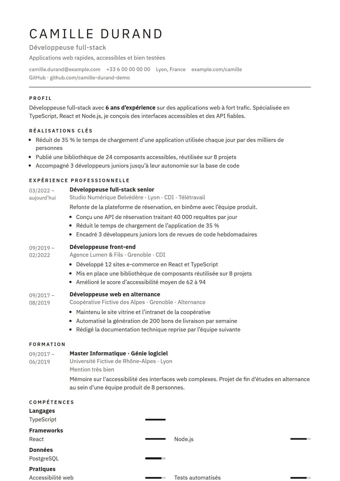 Aperçu du modèle de CV Mono, rendu avec un CV de démonstration