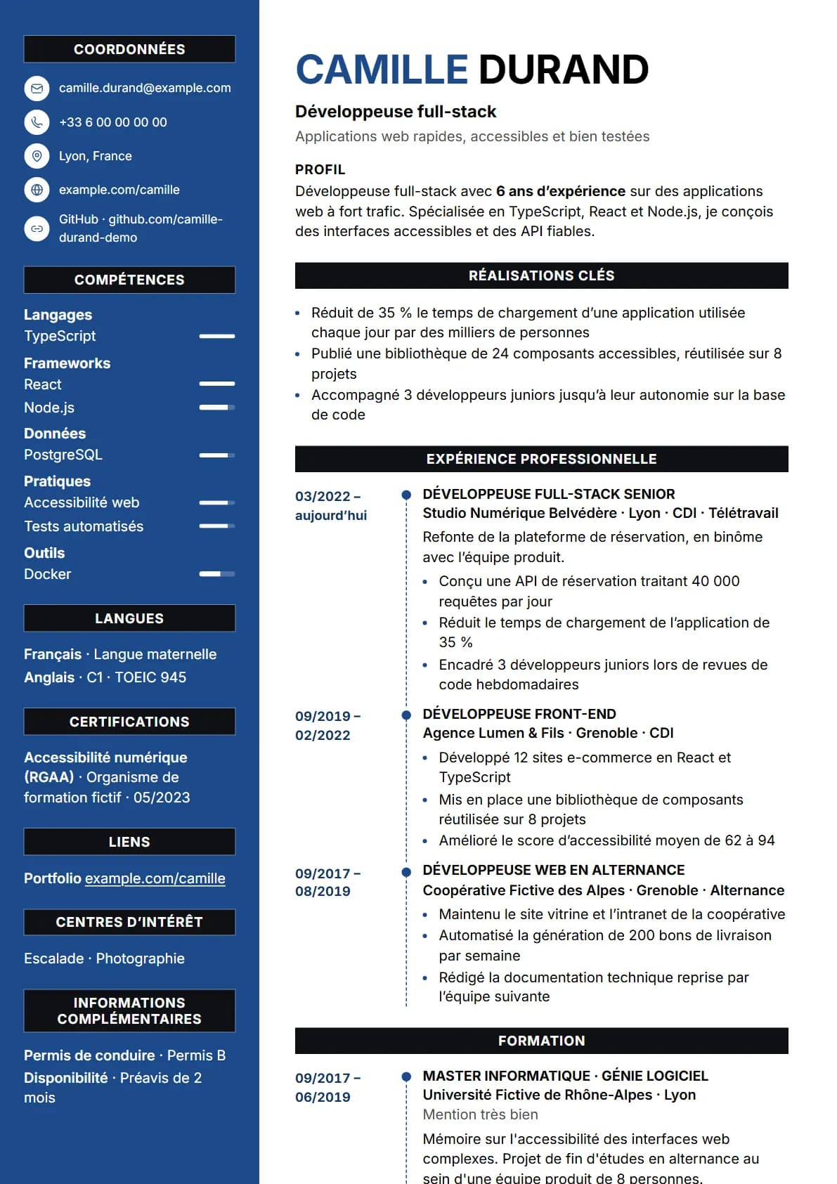 Aperçu du modèle de CV Barres bleues, rendu avec un CV de démonstration