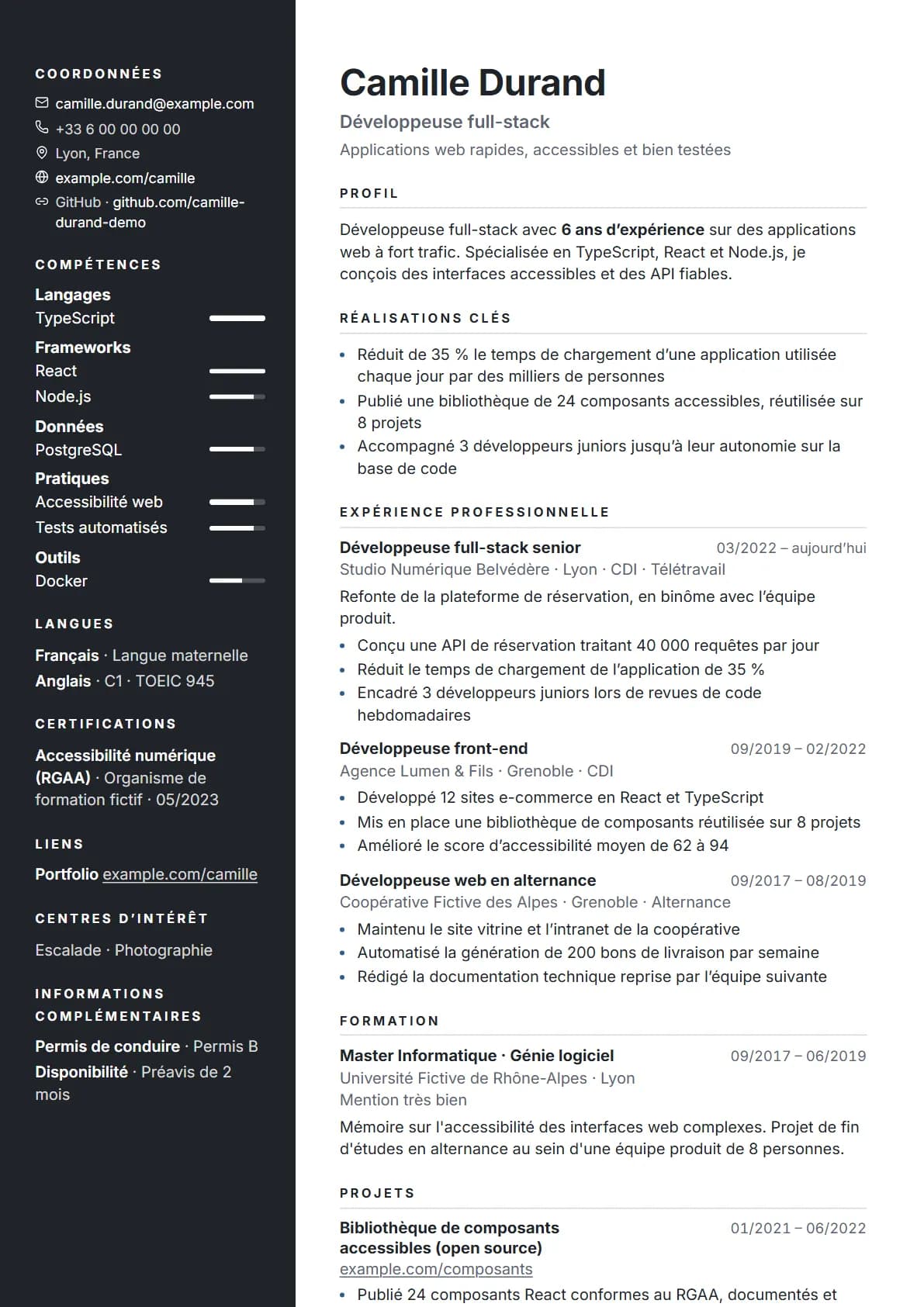 Aperçu du modèle de CV Ardoise, rendu avec un CV de démonstration