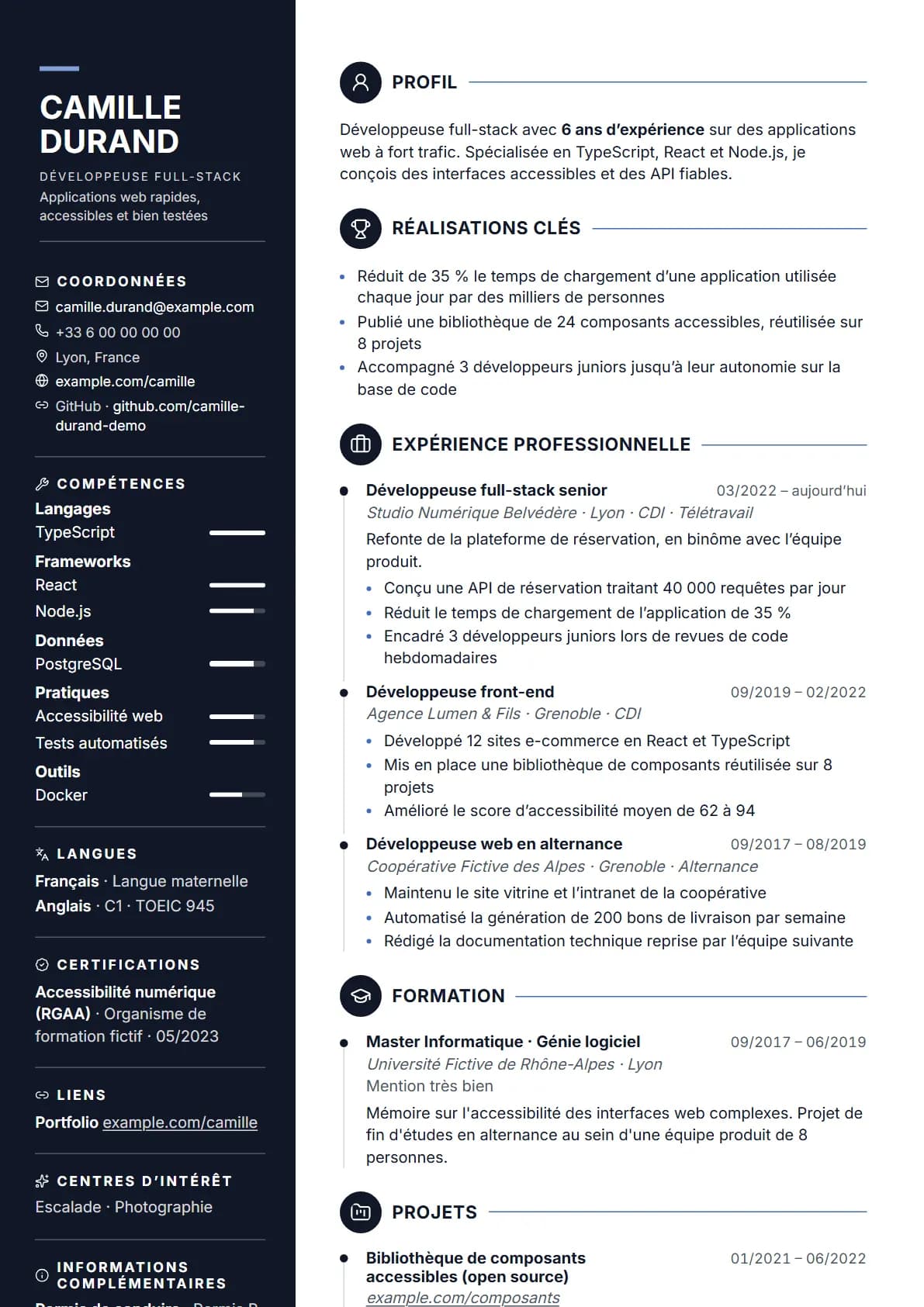 Aperçu du modèle de CV Minuit, rendu avec un CV de démonstration