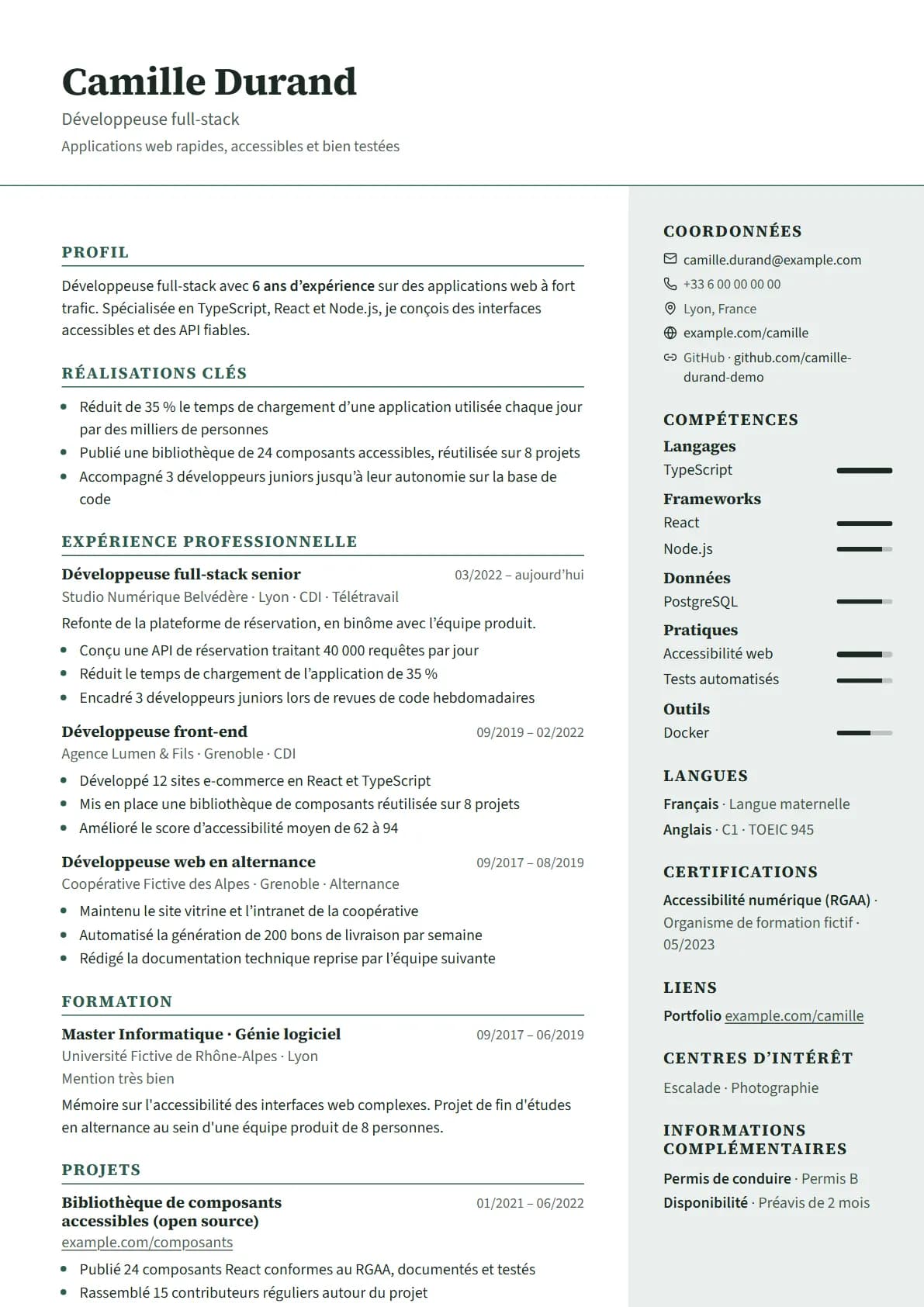 Aperçu du modèle de CV Contrepoint, rendu avec un CV de démonstration