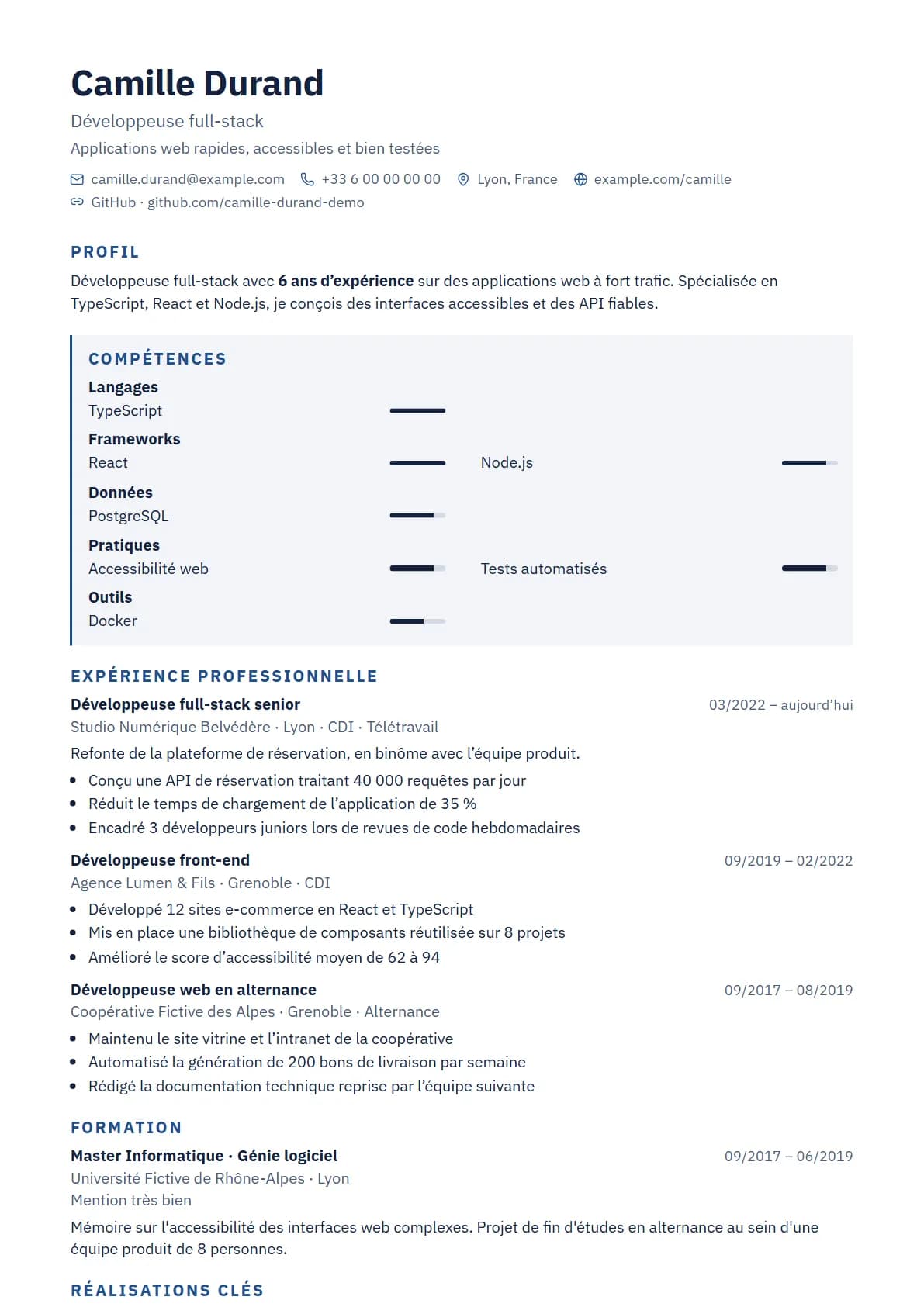 Aperçu du modèle de CV Pivot, rendu avec un CV de démonstration