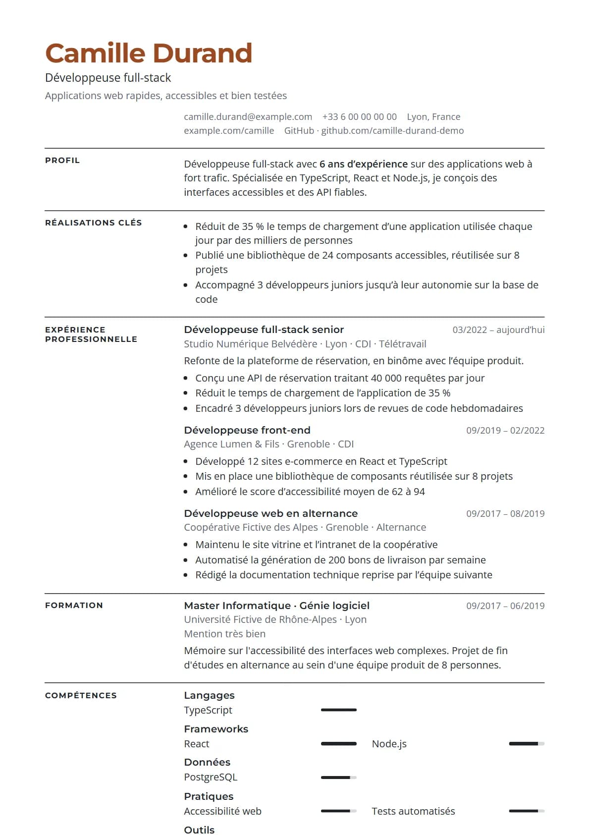 Aperçu du modèle de CV Suisse, rendu avec un CV de démonstration