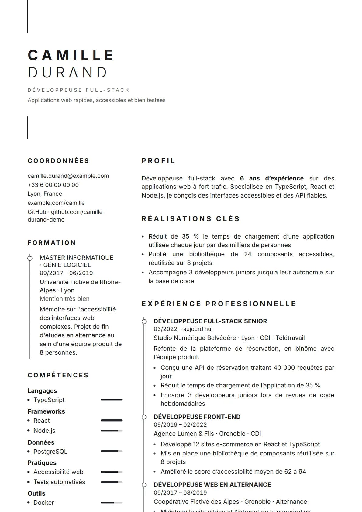 Aperçu du modèle de CV Fil léger, rendu avec un CV de démonstration