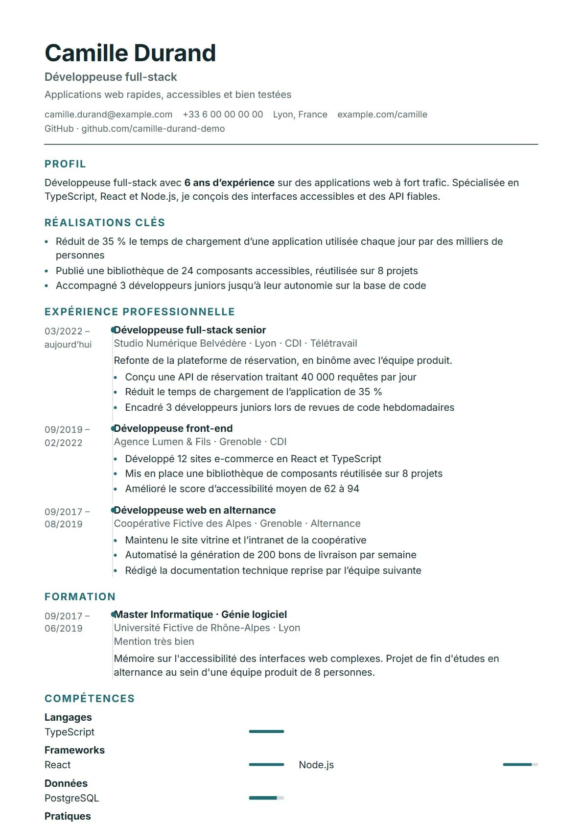 Aperçu du modèle de CV Chronologie, rendu avec un CV de démonstration