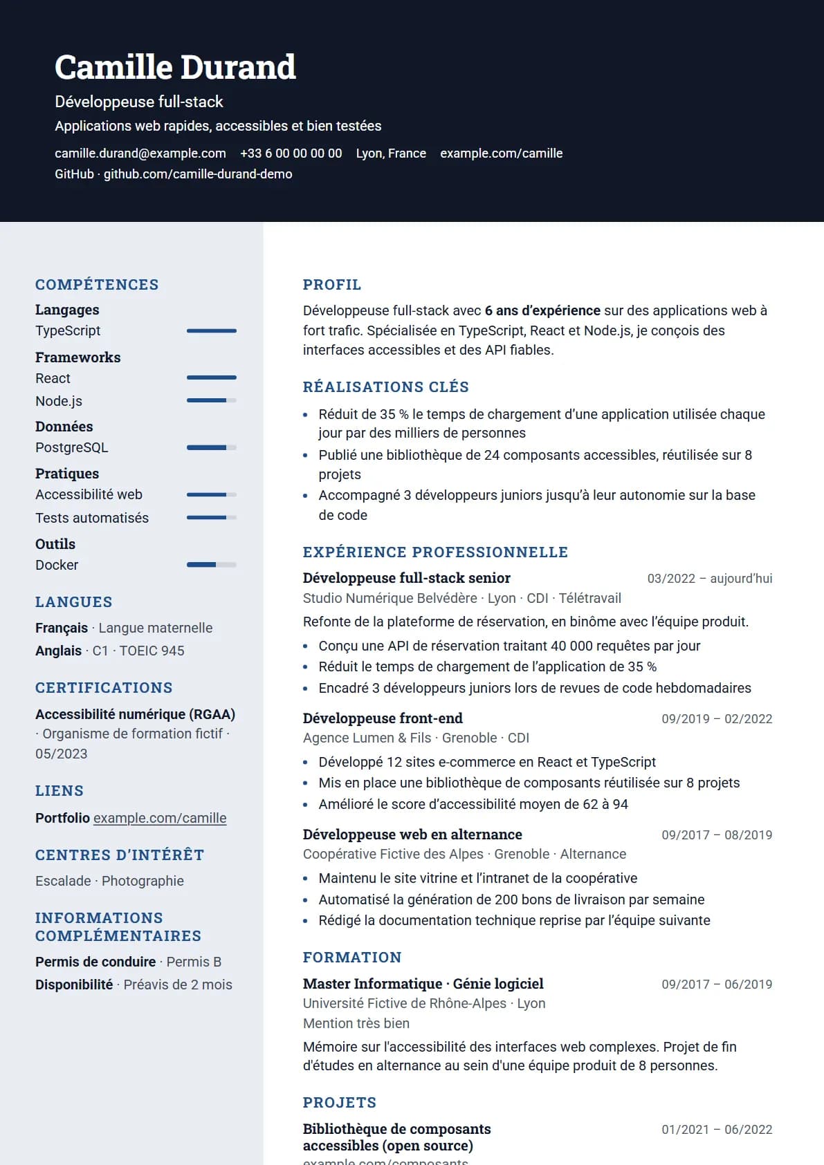 Aperçu du modèle de CV Bicolore, rendu avec un CV de démonstration